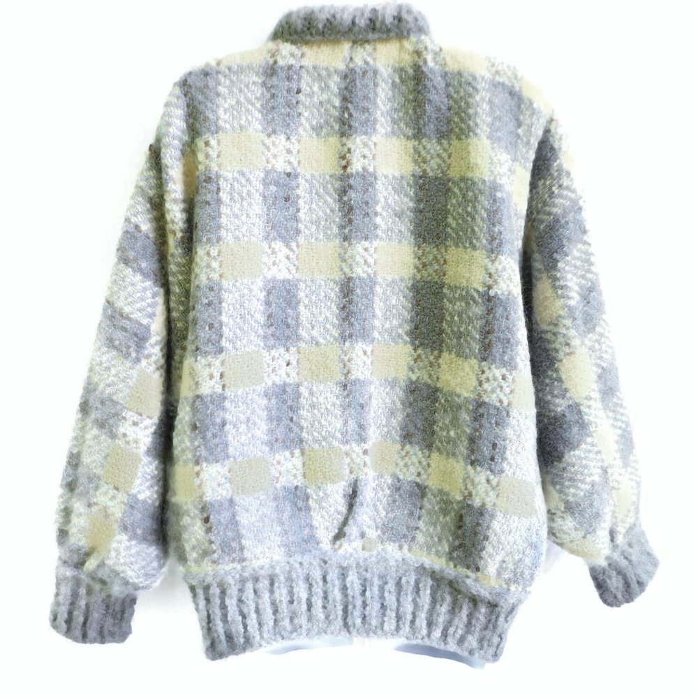 Vintage Sweater Jacket Wool Gray Cream Plaid Full Zip Crew Neck Pockets Bomber - Picture 3 of 9